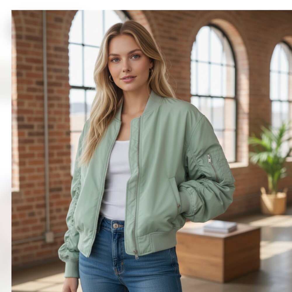 NWOT BDG X Urban Outfitters Charlie Barrel Sleeve Bomber Jacket Light Green